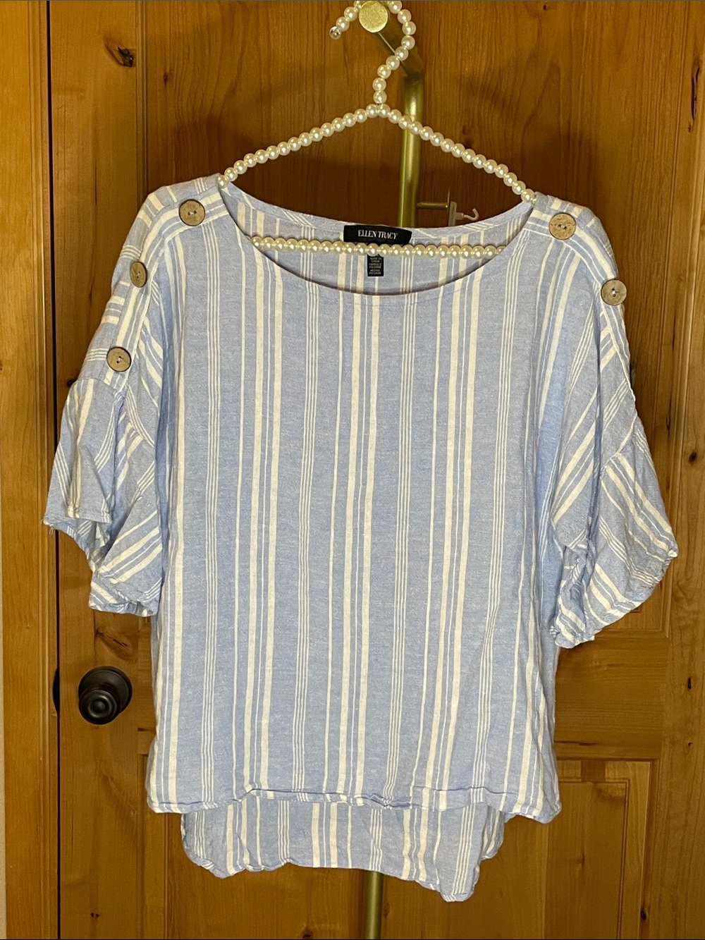 Ellen Tracy Light Blue and White Vertical-Stripe Button-Shoulder Tunic Size S
